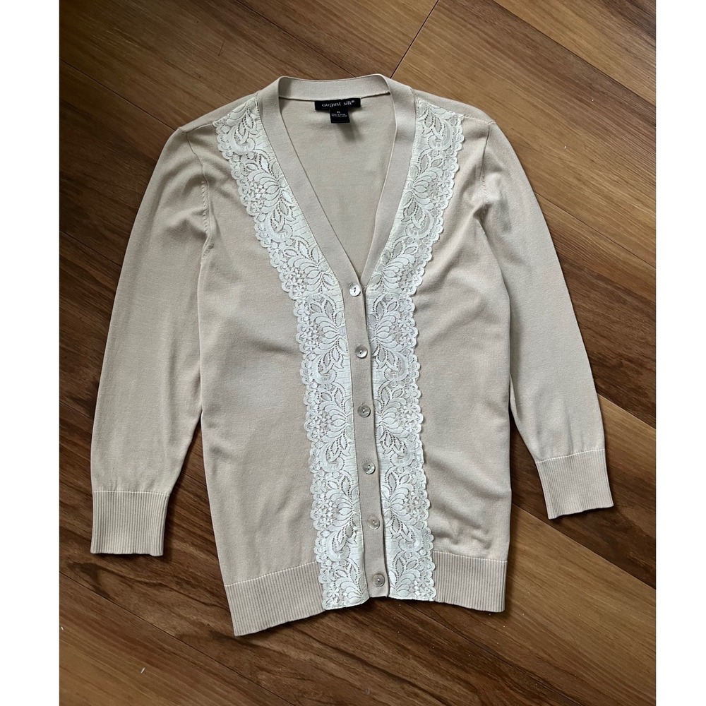 August Silk Beige  Cardigan Sweater Tan Silk Blend XL minimalist  neutral